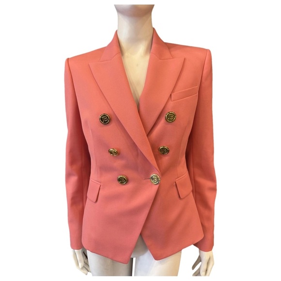 New Balmain Double-Breasted Wool Salmon Pink Blazer Size 34 - Picture 6 of 16